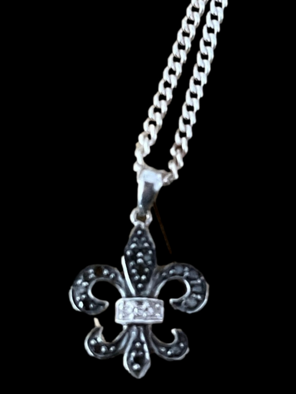 🏷 Sterling Silver, Hemitite and Diamond Fleur de Lis Pendant Necklace